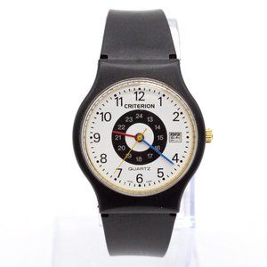 Vintage CRITERION Watch Mens Black Stainless Steel Quartz Date Black Rubber Band